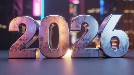 Metallic 2026 Number Display on a Dark Background with Neon Lights