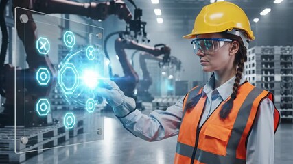 Female engineer operates holographic interface in factory warehouse. Woman controls robot with digital display. Industrial worker interacts with futuristic hologram. Engineer manages automation system - Powered by Adobe