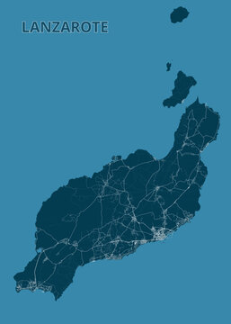 Map of Lanzarote Island. The island is depicted in a dark teal color, with a network of white lines representing roads and pathways across the island.