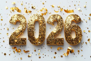 Golden 2026 number with sparkling confetti and streamers on clean background, celebrating new year concept and festive countdown.