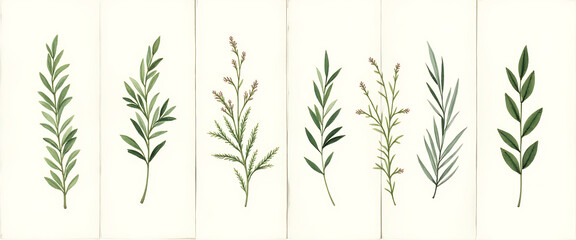Set of green watercolor botanical stems and leaves elegant herbal illustrations for collection of nature plant elements