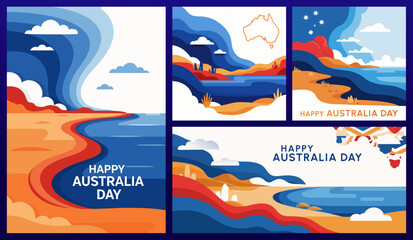 Set of greeting cards for Australia Day with modern abstract shapes depicting Australian landscape: desert, coastline and sky. Clean Modern flat vector illustration