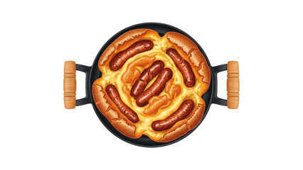 Delicious traditional toad in the hole served hot in a cast iron pan isolated on transparent background