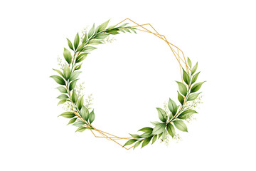 Greenery Leaf Wreath with Gold Geometric Frame Isolated on Transparent Background