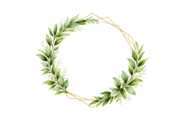 Greenery Leaf Wreath with Gold Geometric Frame Isolated on Transparent Background