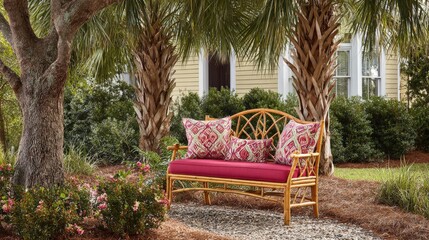 Woven garden bench with colorful cushions rests beneath subtropical foliage beside a light colored residence