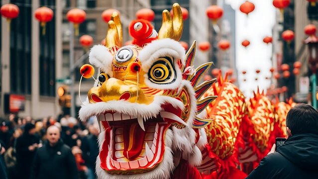 Vibrant chinese new year parade with dragon dance