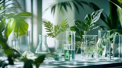 Green plants blending with laboratory glassware in modern botanical research