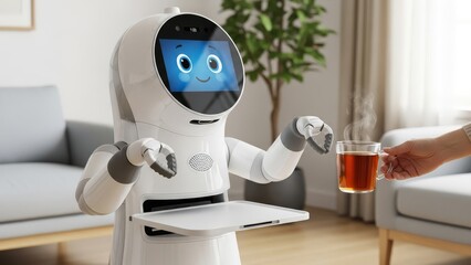 Friendly Robot Serving Tea in Modern Home Setting with Smile