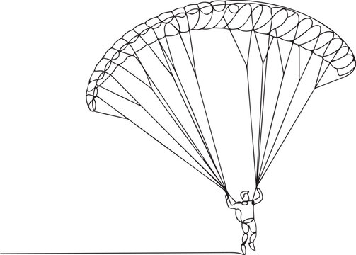 One single line drawing of young sporty man flying with paragliding parachute on the sky.one line vector illustration with out background.