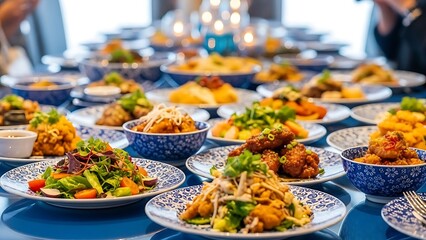 Assorted dishes on blue tablecloth