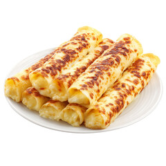 Delicious golden-brown cheese crepes rolled and piled high on a white plate