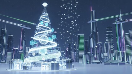 Futuristic Christmas Tree in a Neon Cityscape with Snowflakes