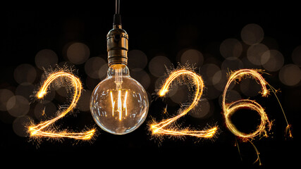 Luxury beautiful retro or vintage dirty light bulb decor hanging with 2026 Happy new year concept written number by sparkle firework