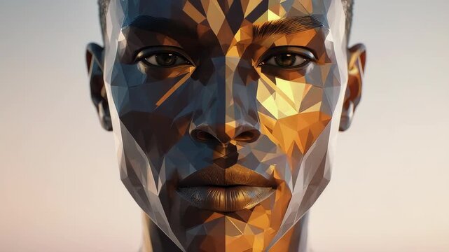 Geometric portrait of a person with dark skin, low-poly design