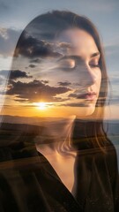 Dreamy double exposure of a woman and a sunset landscape scene