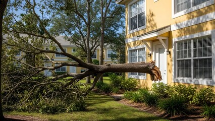 Fallen tree trunk across residential building lawn after storm damage natural disaster