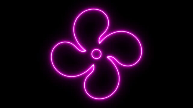 neon propeller, rotating fan propeller animated rotating fan propeller screen chroma 4k looping Special fan sign neon icon with rotating three-pointed fan on black background. wing special fan sign