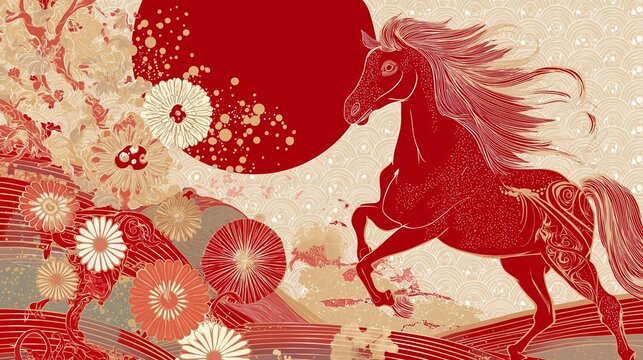 金箔 馬と梅 赤い太陽 豪華伝統和風イラスト