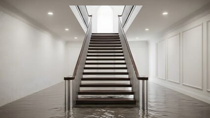 Fototapeta premium Flooded interior hallway with dark wood staircase and white walls water