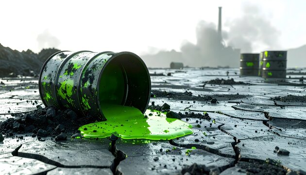 Glowing green toxic waste barrels symbolizing pollution danger high resolution image