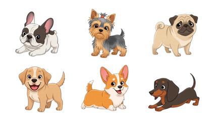 A delightful cartoon collection showcasing six popular and charming dog breeds isolated on transparent background