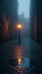 Misty Foggy Alley with Lamp Post and Reflections at Night