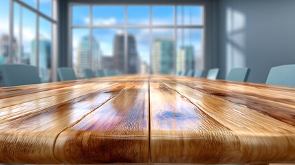 Wooden Conference Table in Modern Office with City View