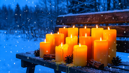 Collection of lit candles on a snowy wooden bench surrounded by pinecones and cinnamon sticks in a serene winter landscape at dusk
