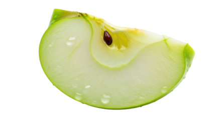 Green apple slice with water droplets and seed on black background fruit food, Isolated On Png Transparent Background