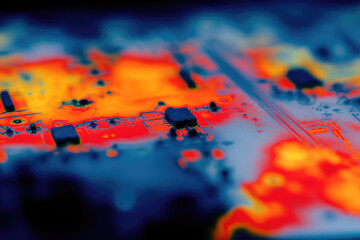 Thermal camera image shows heat map of electronic circuit board with vivid colors highlighting temperature variations and hot spots for technology analysis