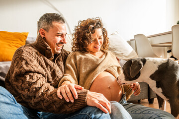 Dog Sniffs the Belly of a Latin Pregnant Woman and Her Partner at Home by Sunlit Window