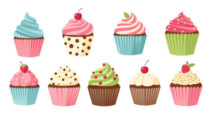 Collection of delicious cupcakes with various colorful frosting toppings sprinkles and fruits for bakery and party designs.
