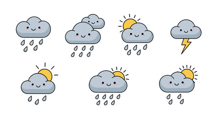 Set of weather icons featuring cute smiling cloud characters with rain sun and lightning for weather forecast apps.