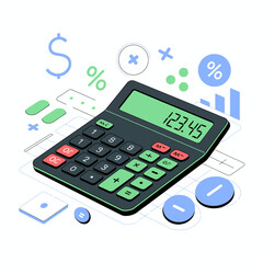 Calculator with mathematical symbols and financial icons.