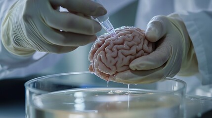 Biology researcher removing rodent brain from chemical solution in lab