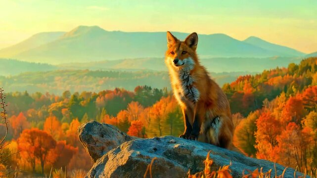Majestic red fox standing on a rocky outcrop amidst vibrant autumn foliage with mountains in the background during a serene sunset