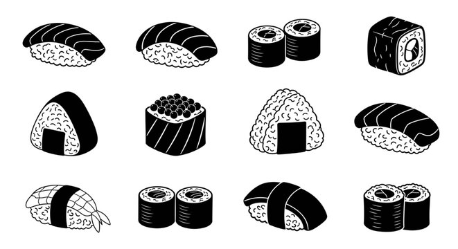 Detailed set of black and white sushi and onigiri illustrations featuring nigiri maki and sashimi in a clean graphic style.