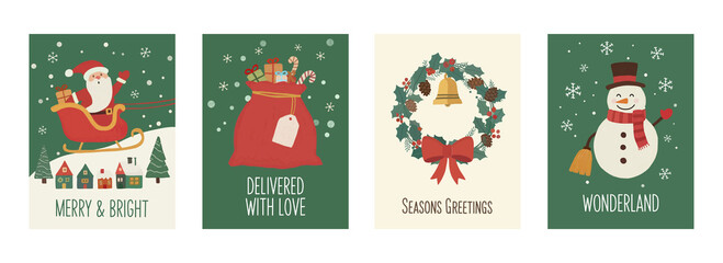 Fototapeta premium Set of vintage Christmas greeting cards with Santa Claus, snowman, and festive wreath.