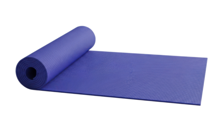 Unrolled purple textured yoga mat on black background exercise fitness, Isolated On Png Transparent Background