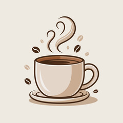 Obraz premium Steaming cup of coffee with rising steam and coffee beans.