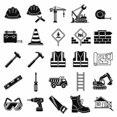 Obraz premium Construction Site Icon Set Featuring Hard Hats, Tools, Safety Vests, and Heavy Machinery for Building Projects