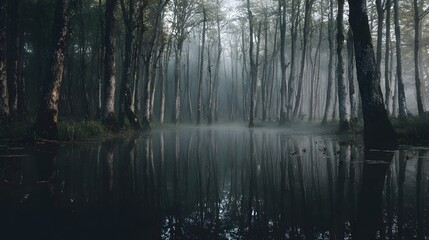 Überfluteter Wald im Morgennebel
