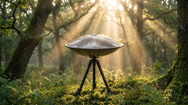 UFO-shaped handpan instrument standing in sunlit forest clearing