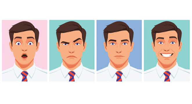 Series of four images illustrates a young man in a white shirt and tie showing different facial expressions and emotional states.