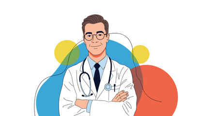 Fototapeta premium Smiling male doctor with glasses and a stethoscope is standing with his arms crossed against a colorful and modern background.