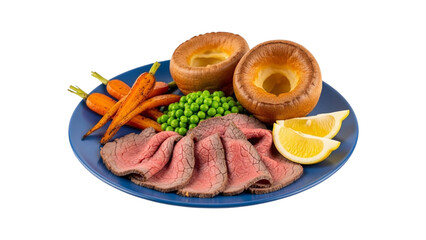 A classic british sunday roast dinner with tender beef, yorkshire puddings, and fresh vegetables isolated on transparent background