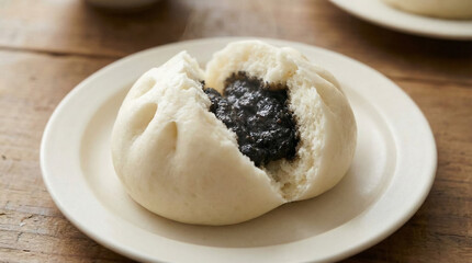 Steamed Red Bean Bun Served On Ceramic Plate