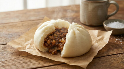 Warm Korean Steamed Bun With Savory Filling On Paper