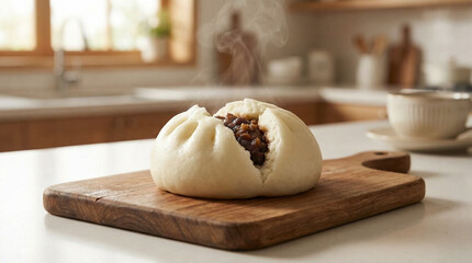 Freshly Steamed Korean Hoppang on Wooden Board